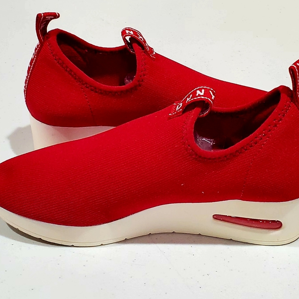 Dkny Logo Red Slip On Fabric Upper Wedge Sneakers- Size